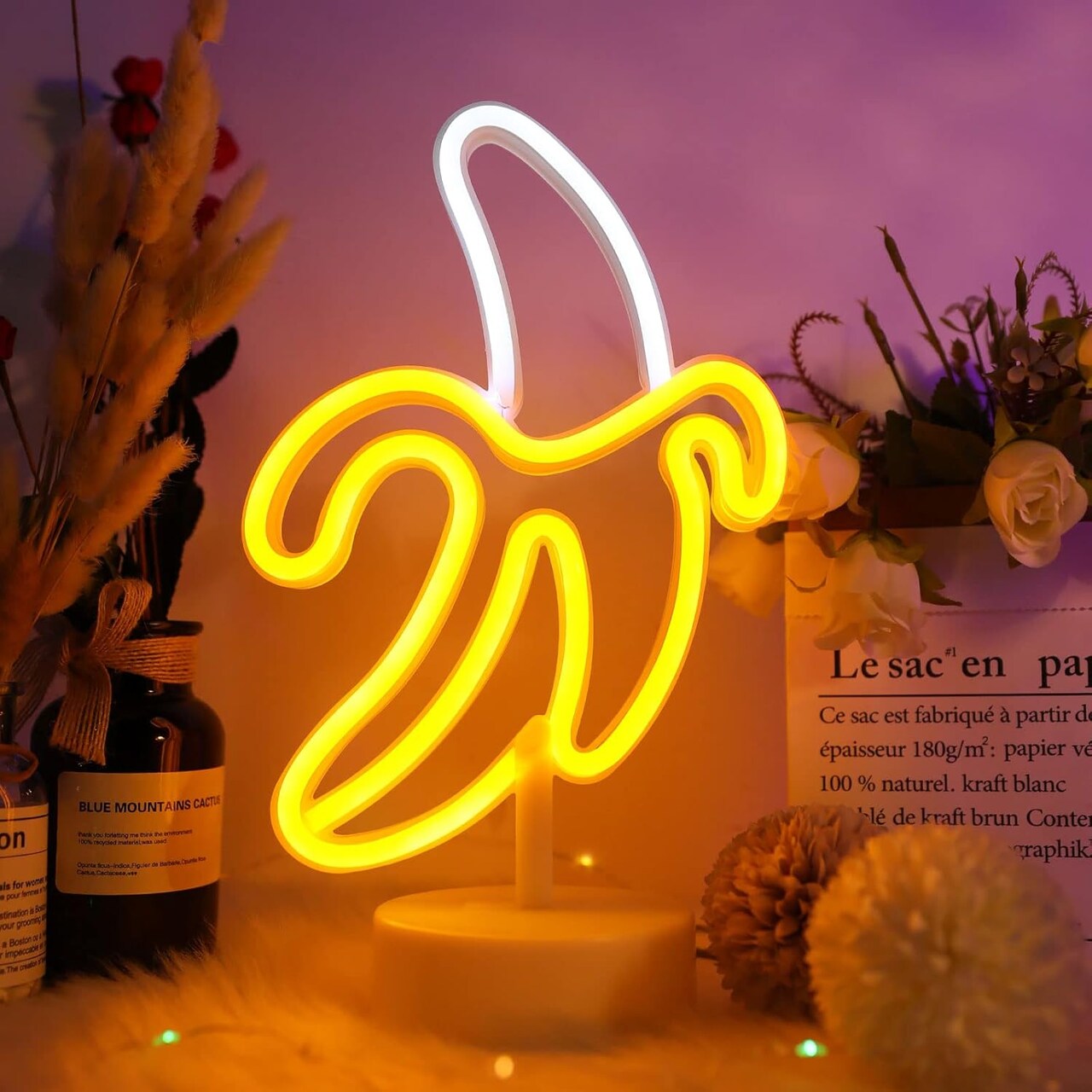 Banana Neon Sign Light, Banana LED Light with Base for Table Decor LED Lamp USB/Battery Powered Fruit Neon Art Sign for Man Cave Birthday Party Wedding Cafe Bar